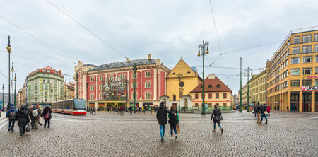 Prague, Czech Republic-February 02, 2019. View of the street with Palladium the biggest, modern...