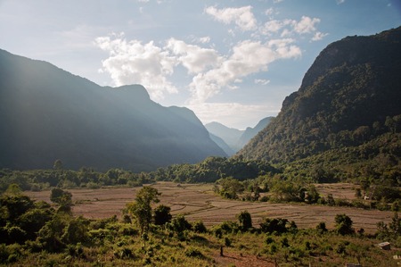 karst landscape and river in vang vieng laosの写真素材