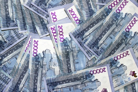 Flat lay view on 20,000 tenge qazaq national currency backgroundの写真素材