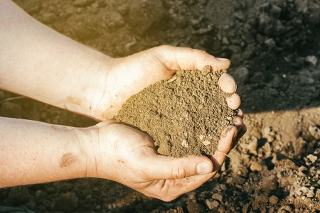 A close up view on moistured soil in mans hands top viewの写真素材