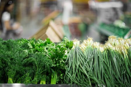 Close up of a pile of fresh green herbs on a shelf in a self service store, selective focus and place for text.の写真素材