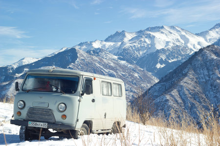 Almaty, Kazakhstan - January 10, 2019: UAZ 452 in Tian-Shan mountain on freeride 4x4
