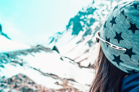 Traveling girl with backpack hiking in the mountains, freedom concept. Hiking people on Asia....