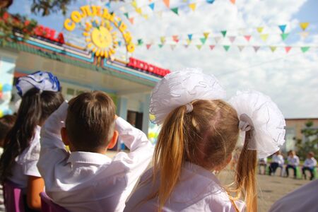Almaty, Kazakhstan - September 02, 2019. Education and school concept. Preschool education. Happy little preschool child. The first day to school or sunny kindergarten. Back to school concept.のeditorial素材