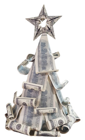 Money Christmas tree with star on top on white background isolated