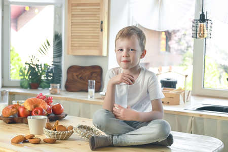 Little caucasian smiling boy sitting on the kitchen table and eat oatmeal cookies with milk. Healthy breakfast before school and kindergarten at home.の写真素材