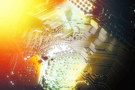 Gold circuit board. Electronic computer hardware technology components. Motherboard digital science...
