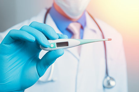 Doctor in gauze mask and medical robe holding thermometer in his blue rubber glove dressed hand