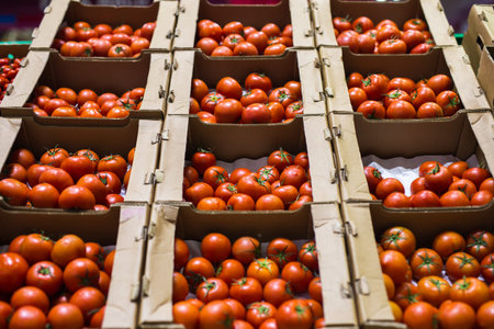 Beautiful red tomatoes in cardboard boxes, for sale on a market shelf
