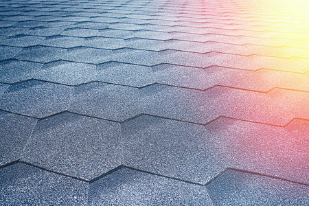 Gray soft roof on the roof of the house. Close-up and sun beam light corner