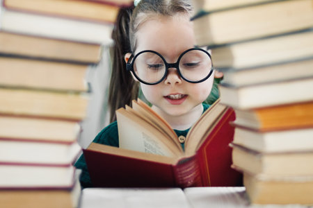 Cute smart preschool girl reading books in library or at home. Kids early learning and home education concept.の写真素材