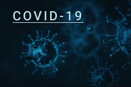 Inscription COVID-19 with virus cell models blue background.の写真素材