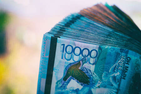 Ten thousand tenge close-up. Pack of banknotes.の写真素材