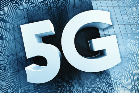 Inscription 5G close-up on the background of blue glass wall and circuit. 5G new generation of...