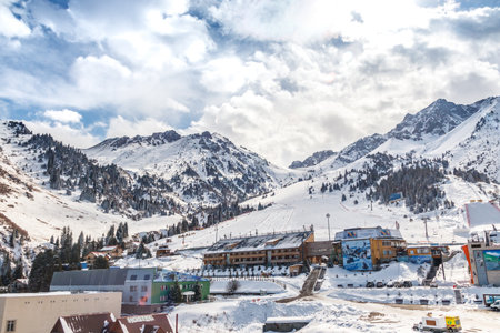 Almaty, Kazakhstan - March 16, 2021: Shymbulak famous ski resort near Almaty city in central asiaのeditorial素材
