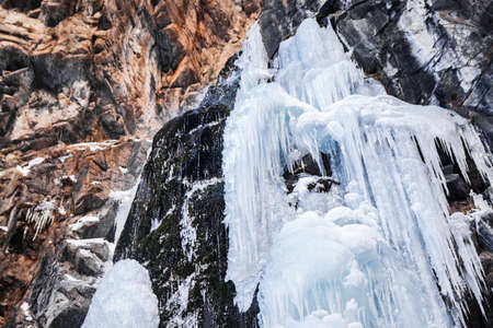 Frozen Waterfall in the Butakovsky gorge in the vicinity of the city of Almaty in Kazakhstan.の写真素材