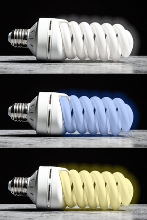 3 fluorescent bulbs with different color temperature - neutral, cool and warm.