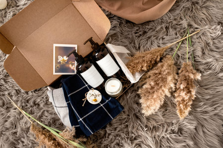 Top view of care gift box. Spa and relaxation gift set for a couple with copy space.