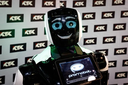 Smiling promobot robot looking at the camera at the robot festival. Almaty, Kazakhstan - February...