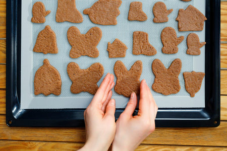 Top view of female hands spreading different shaped homemade cookies on a silicone baking mat on a...