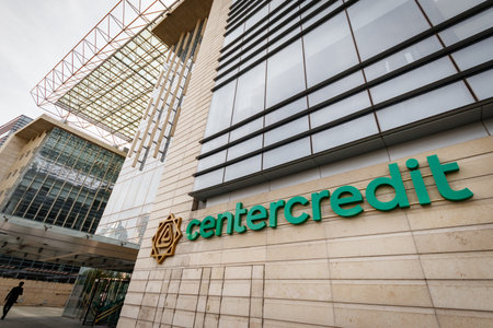 Logo of Bank CenterCredit on the building of the business center in Almaty. Almaty, Kazakhstan -...