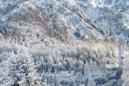 Almaty, Kazakhstan - March 16, 2021: Scenic winter landscape with high-mountain sports skating rink Medeoのeditorial素材