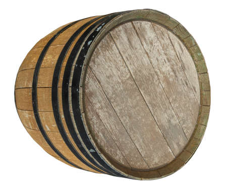 Old wooden wine barrel with black rings isolated on white background.の写真素材