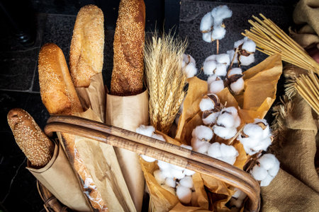 Top view of bread, ears of wheat and rye and cotton in a burlap basket as a symbol of agricultural prosperity and prosperity of the countrys region.の写真素材