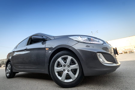 Hyundai accent in grey color, front side ultra wide angle view. Almaty, Kazakhstan, 20 november,...