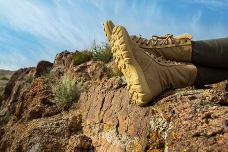 Comfortable shoes for hiking cross-country, adventure time, copy space.