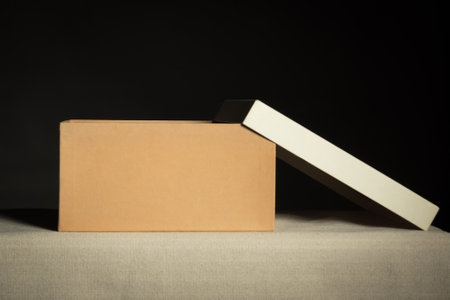 Front view on open brown cardboard box on black background, copy space.の写真素材