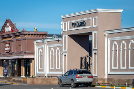 The facade of various casinos along the route of the Almaty region, in the city of Konaev, the former Kapchagai. Almaty, Kazakhstan - November 01, 2022のeditorial素材
