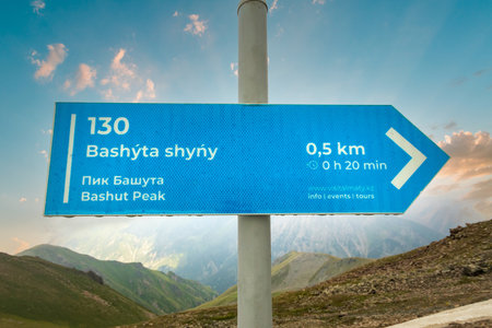 Pointer with direction, distance and time to Bashut peak in Almaty mountains of Kazakhstan nature.の写真素材