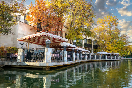 Restaurant The Float on the lake in Almaty Gorky Park. Almaty, Kazakhstan - October 14, 2022のeditorial素材