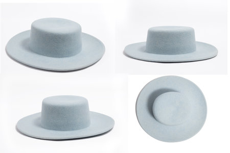 Set of 4 angles Stilish summer blue hat for women, isolated white background.の写真素材