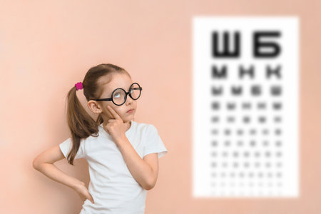 Thoughtful smart girl of elementary school age in round glasses against the background of a blurred sivtsev table for checking visual acuity.の写真素材