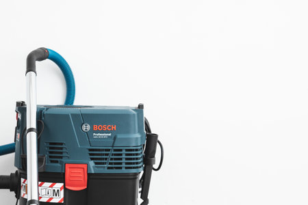 Part of Bosch professional construction vacuum cleaner on white background. Almaty, Kazakhstan - Marth 18, 2023のeditorial素材