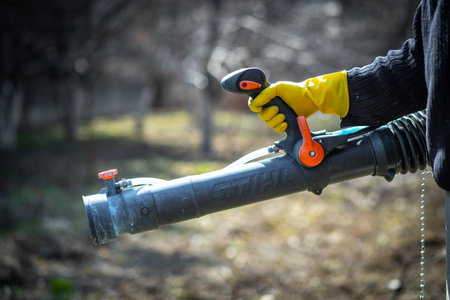 Nozzle from a gasoline shoulder garden sprayer Stihl. Almaty, Kazakhstan - March 23, 2023のeditorial素材