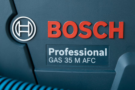 Close-up of logo Bosch professional construction vacuum cleaner gas 35 n afc. Almaty, Kazakhstan - Marth 18, 2023のeditorial素材