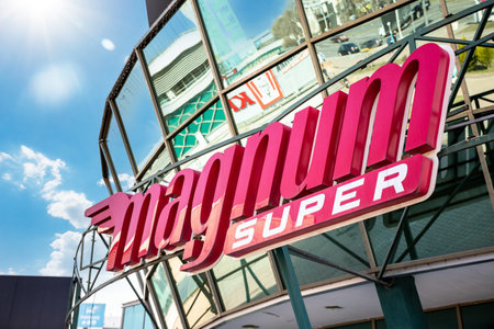 Magnum Signboard of a large supermarket chain in Kazakhstan. Almaty, Kazakhstan - March 23, 2023のeditorial素材