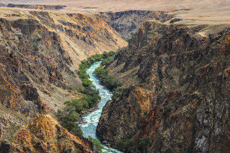 Upper part of the Charyn River, which flows through the Charyn Canyon in Kazakhstan in the Almaty...