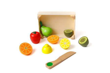 Wooden toy box with fruit and vegetables play set for learning and development of the child.の写真素材