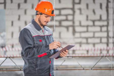 A builder looks at a project on a digital tablet and checks the plans of a house being built on a...