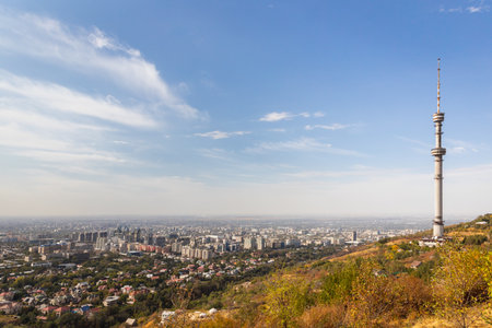 View from the Kok Tobe mountain with a TV tower to the city of Almaty. Almaty, Kazakhstan - September 28, 2022のeditorial素材