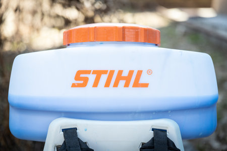 STIHL logo on the tank of a petrol garden sprayer. Almaty, Kazakhstan - March 23, 2023のeditorial素材
