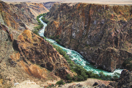 Top view of the Charyn river, in the gorge that flows through the Charyn canyon in Kazakhstan in the Almaty region, Nature of Central Asia.の写真素材