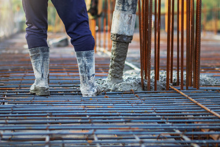 Concrete is being poured into a steel reinforcement frame at the construction site to form the...