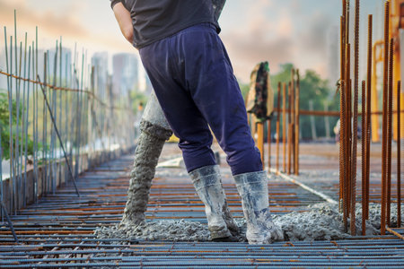 A construction site worker in rubber boots manipulates a concrete pump hose during the process of pouring concrete into a reinforcement cage.の写真素材