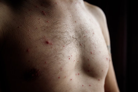 Man chest front who having varicella blisters or chicken pox.の写真素材