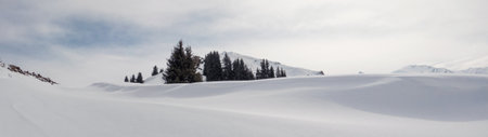 Snow-covered clean slopes in the winter mountains of Central Asia. Banner calm landscape in the mountains of Central Asia.の写真素材